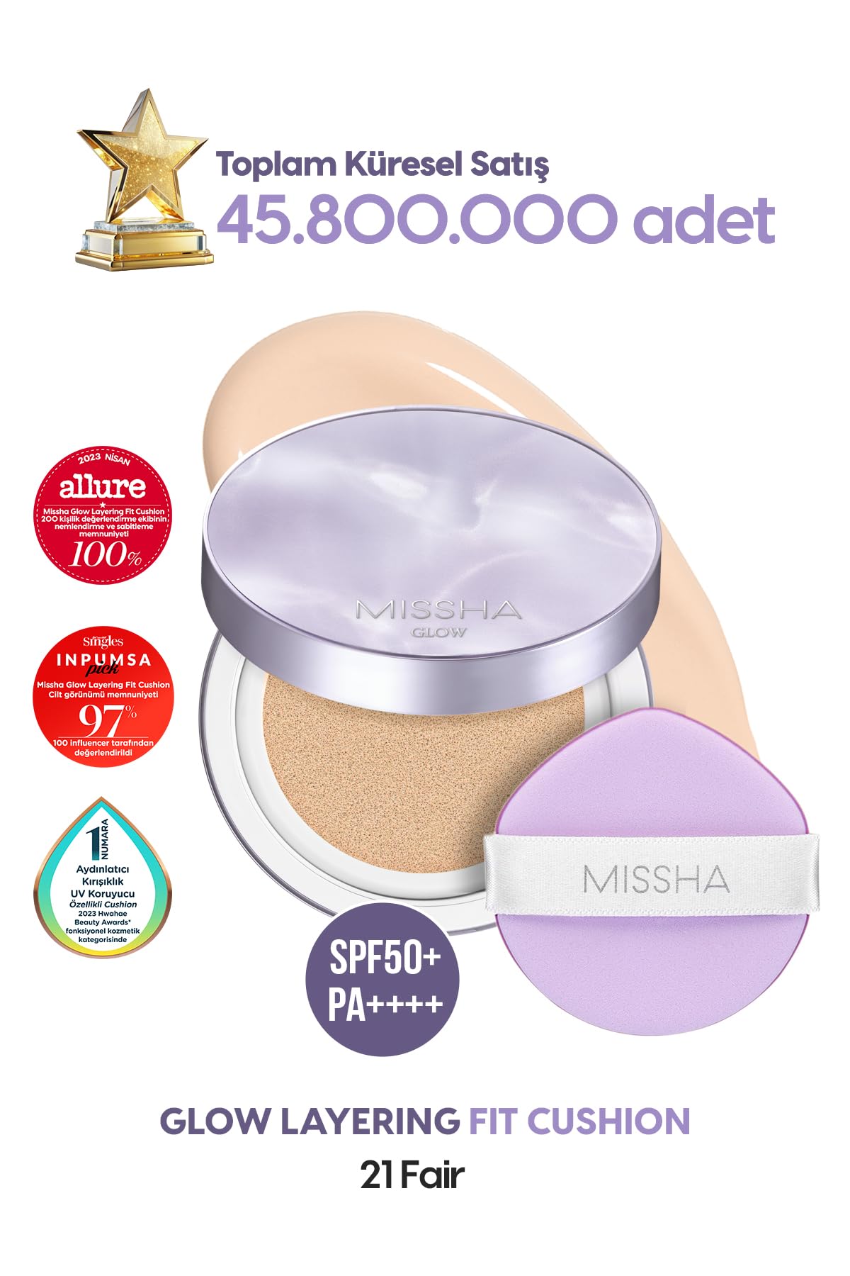MISSHA Yoğun Kapatıcı, Nemli ve Parlak Bitişli Cushion Glow Layering Fit Cushion SPF50+/PA++++ No.21 Fair