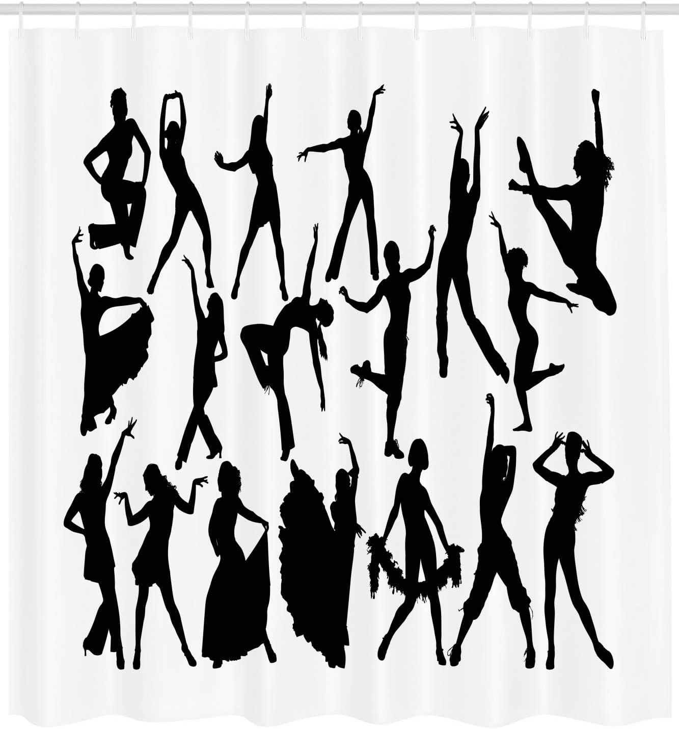 Ambesonne Black and White Shower Curtain, Dancers Silhouette Modern Latin Hip Hop Tango Jazz Ballroom Salsa, Cloth Fabric Bathroom Decor Set with Hooks, 69" W x 84" L, Black and White