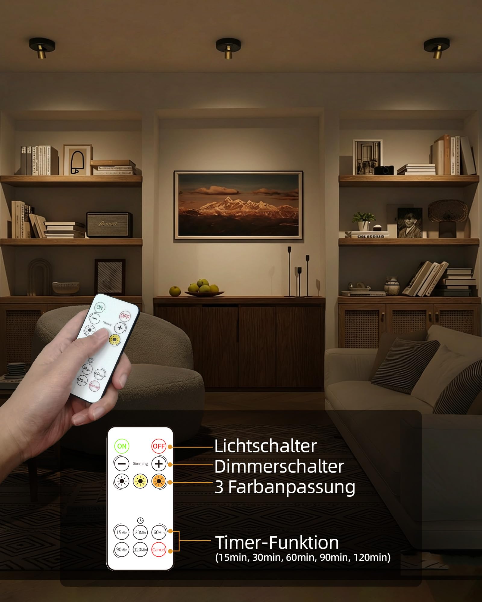 EZVALO Kabellose Spotlight mit Fernbedienung, 4000mAh Akku, 3 Farbtemperaturen, Wiederaufladbarer Wandspot, LED Spots Akku für Gemälde, Kunst, Pflanzen, Porträts (Schwarz, 2er Set)