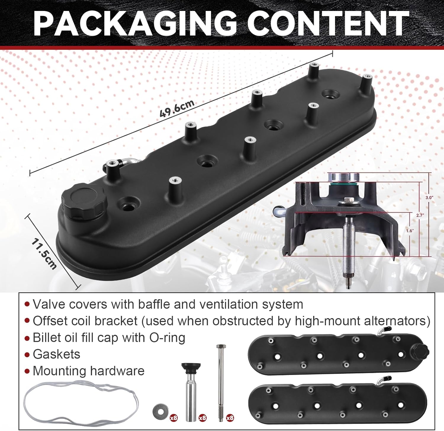 LS Cast Aluminum Tall Valve Covers w/Coil Mounts for LS1/ LS2/ LS3/ LS6/ LS7 or Similar Soils with 72mm Bolt Spacing - Black