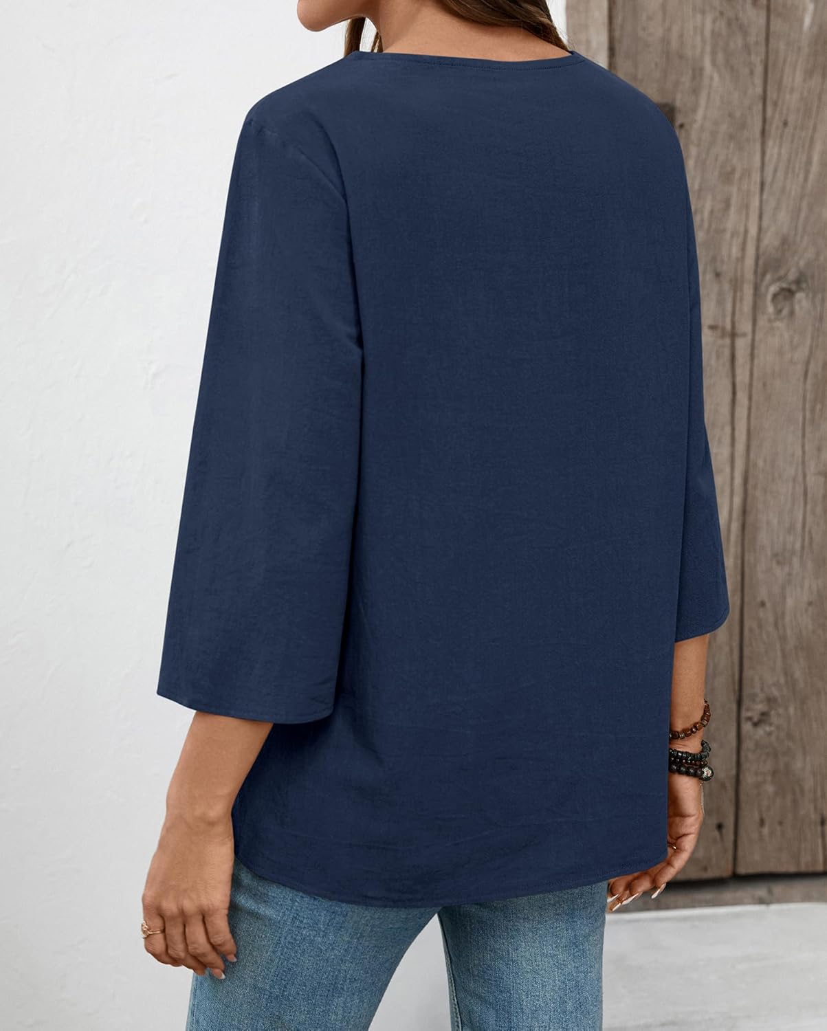 LOMON Womens 3/4 Sleeve Tops Cotton Linen Shirts V Neck Lace Casual Loose Fit Blouses Boho Fashion - Image 4