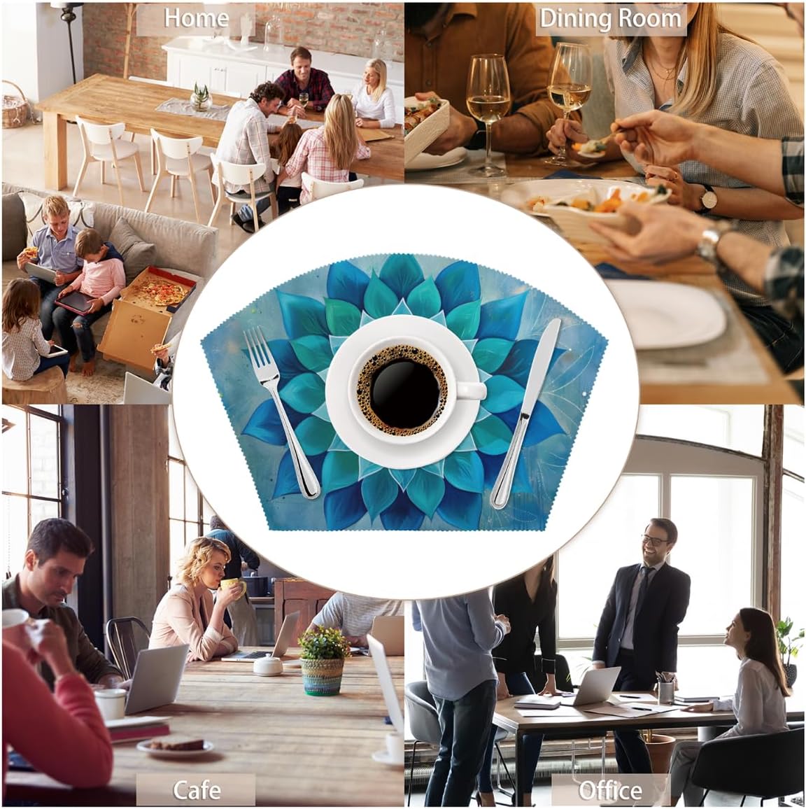 Teal Flower Wedge Placemats Set of 4 Mandala Floral 4 Wedge Table mats and 1 Round Place mat Heat Resistant Non-Slip Washable Dining Table for Kitchen Patio Party Decor Cloth Placemat Mandala Floral