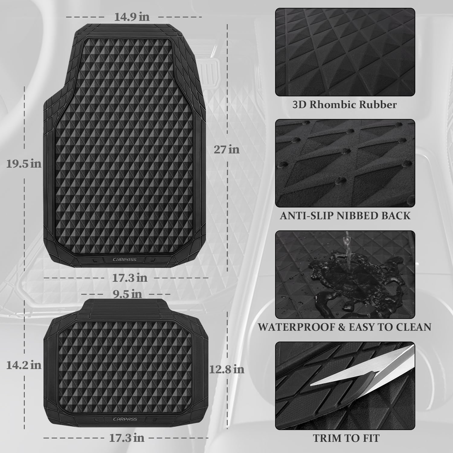 CAR PASS Black Rubber Car Mats, All-Weather Floor Mats Full Set Durable Anti-Slip 3D Rhombus Waterproof Automotive Pad Trim to Fit Liner Universal Fit for Sedan SUV Truck Van, 4 Pcs All Black Rubber