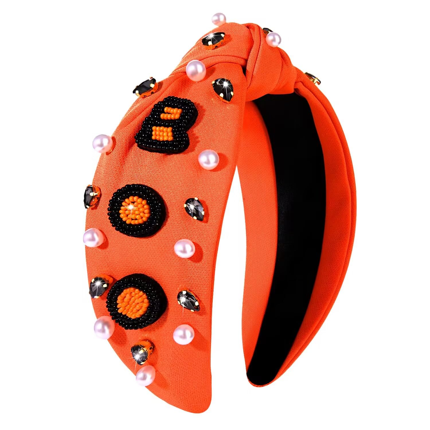 Halloween Headband Accessories for Women Crystal Pearl Knotted Headband Embellished Beaded Pumpkin Candy Corn Boo Headbands Rhinestone Jeweled Top
