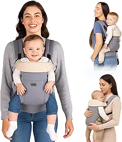 AIEBAO Mochila Carregador Bolsa Para Bebê, 03 Modos de Uso, Apoio Lombar, Suporte de Cabeça, Bolso Frontal, Até 24 Meses, Suporta 25kg, Acolchoado, Fivelas Ajustáveis, Tecido, Cinza.