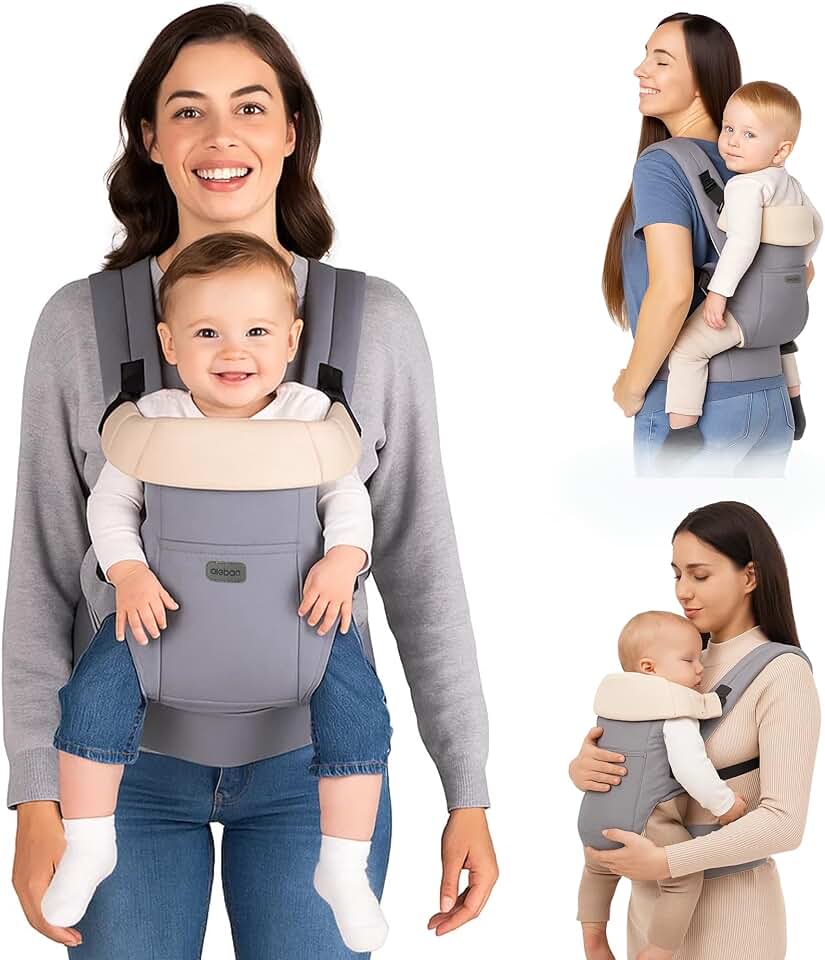 AIEBAO Mochila Carregador Bolsa Para Bebê, 03 Modos de Uso, Apoio Lombar, Suporte de Cabeça, Bolso Frontal, Até 24 Meses, Suporta 25kg, Acolchoado, Fivelas Ajustáveis, Tecido, Cinza.