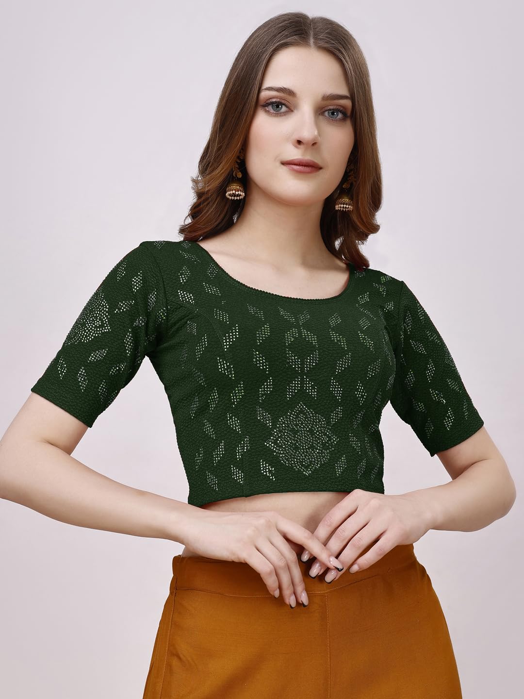 Vihu Fashion Women's Stretchable Embroidery Half Sleeve Stretch Blouse (Vf Lycra Bindi Bottle Green 2Xl