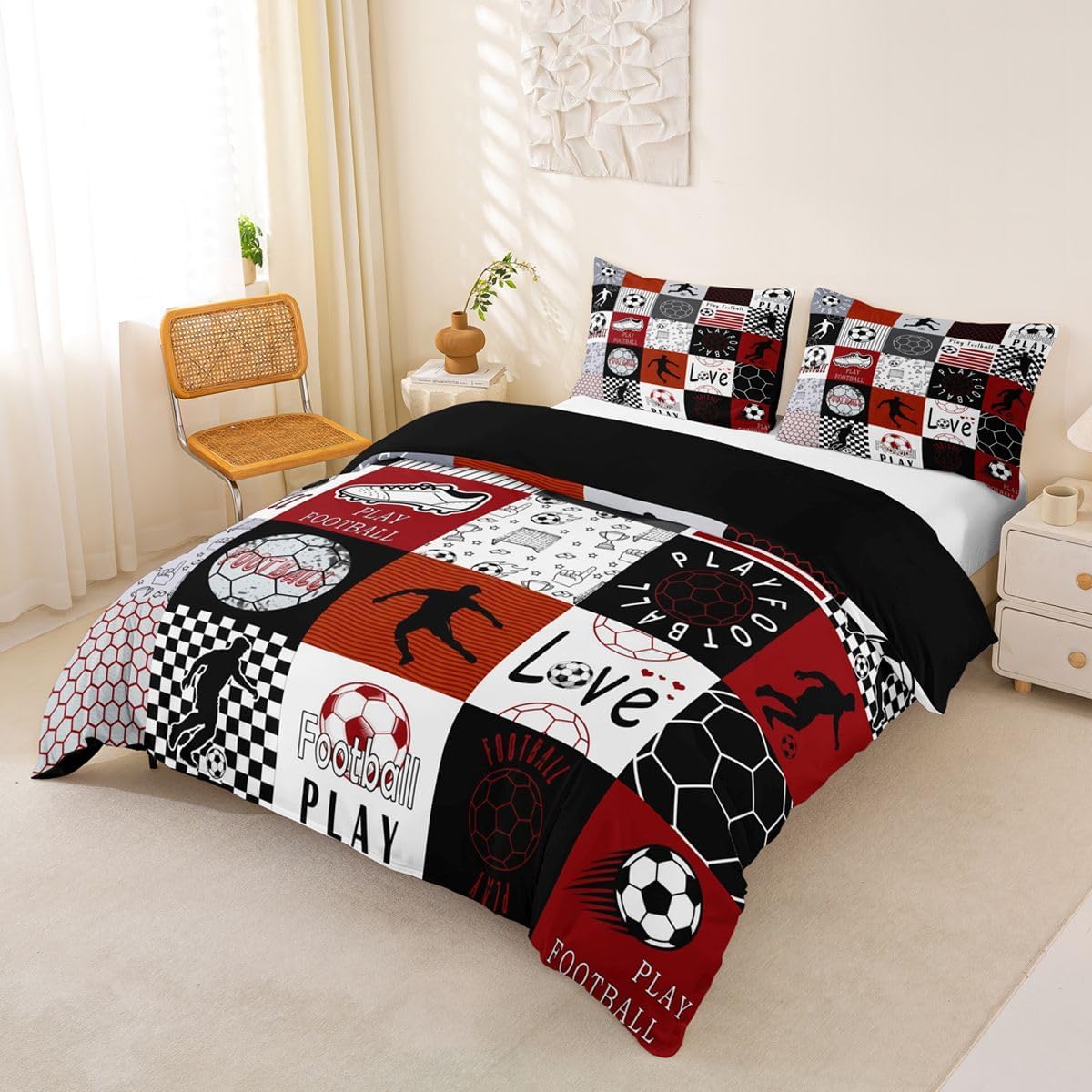Football Duvet Cover Set Black Red Patchwork Sports Girl Toddler Bedding Set for Toddler Boys European Sport Player Ball Game Comforter Cover Boys Athletic Decor Competitive Games Bed Sets