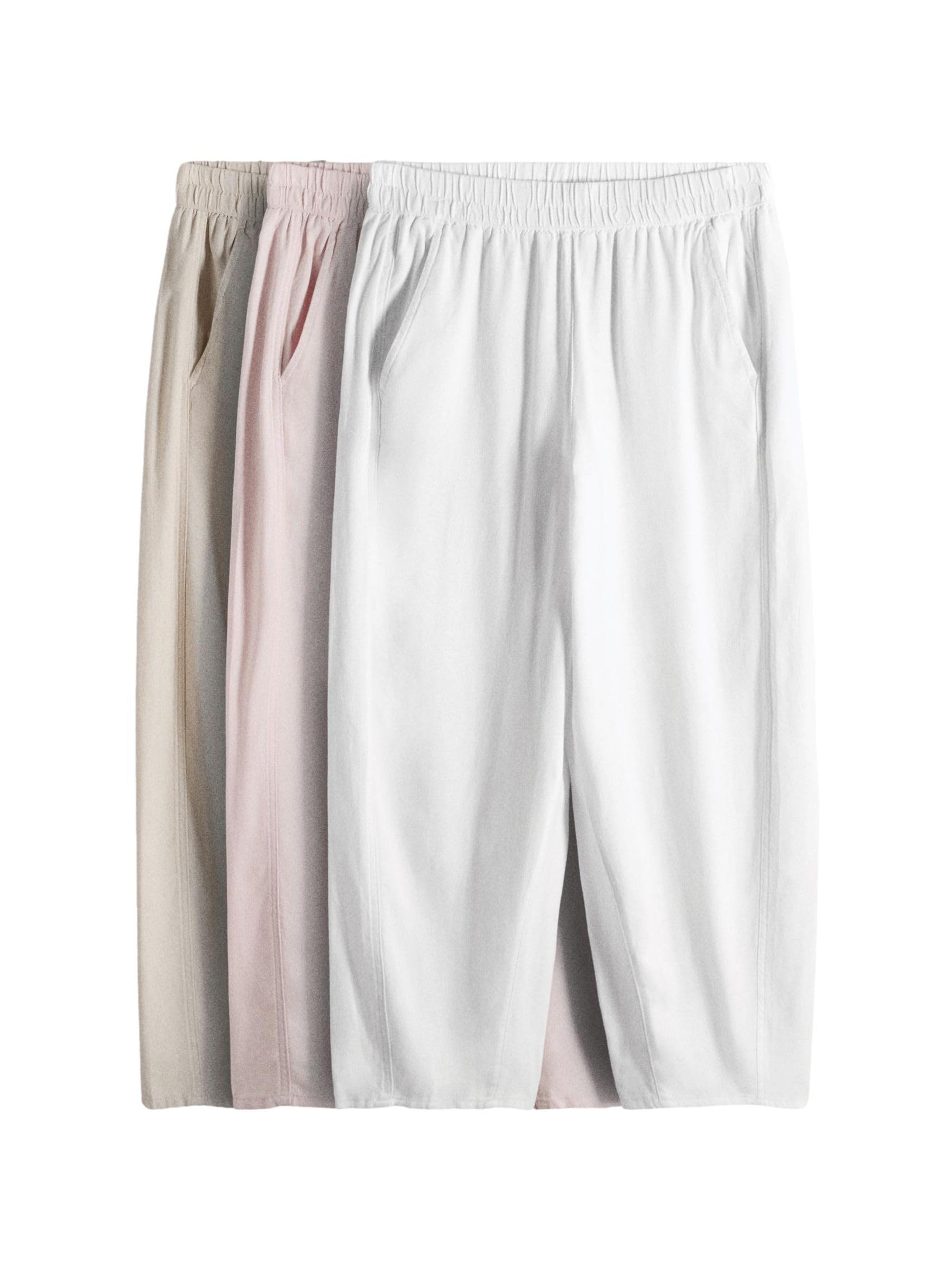 THE SET Femme Pantalon Large en mélange de Lin, Lot de 3 | Coupe standard, Taille mi-haute, Fermeture boutonnée, Jambe large