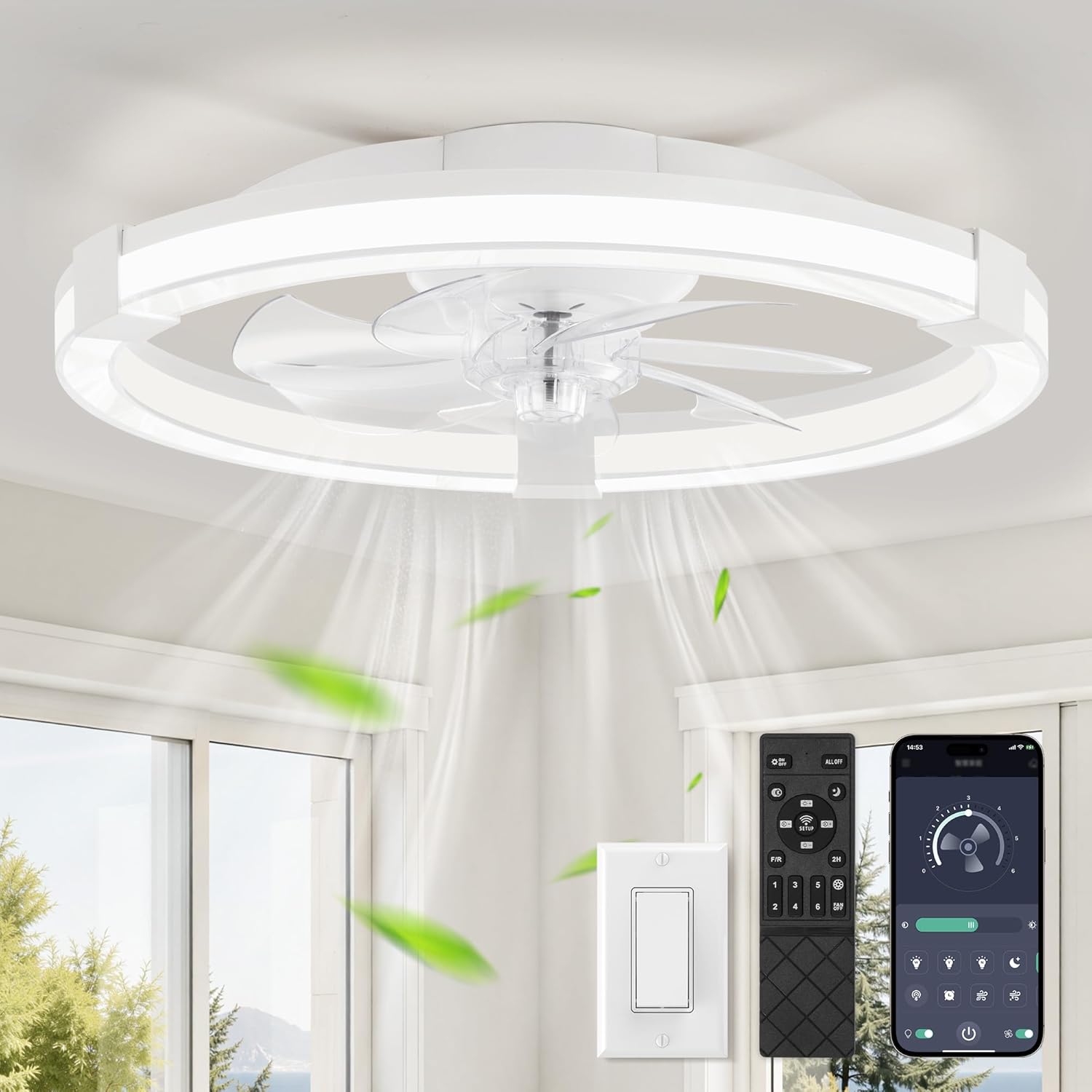 LEDIARY Ceiling Fans with Lights, 23 Inch Low Profile Ceiling Fan with Remote, 6 Speeds, Reversible, Dimmable Flush Mount Fan Light, Modern Fandelier Ceiling Fan with Lights for Bedroom, White