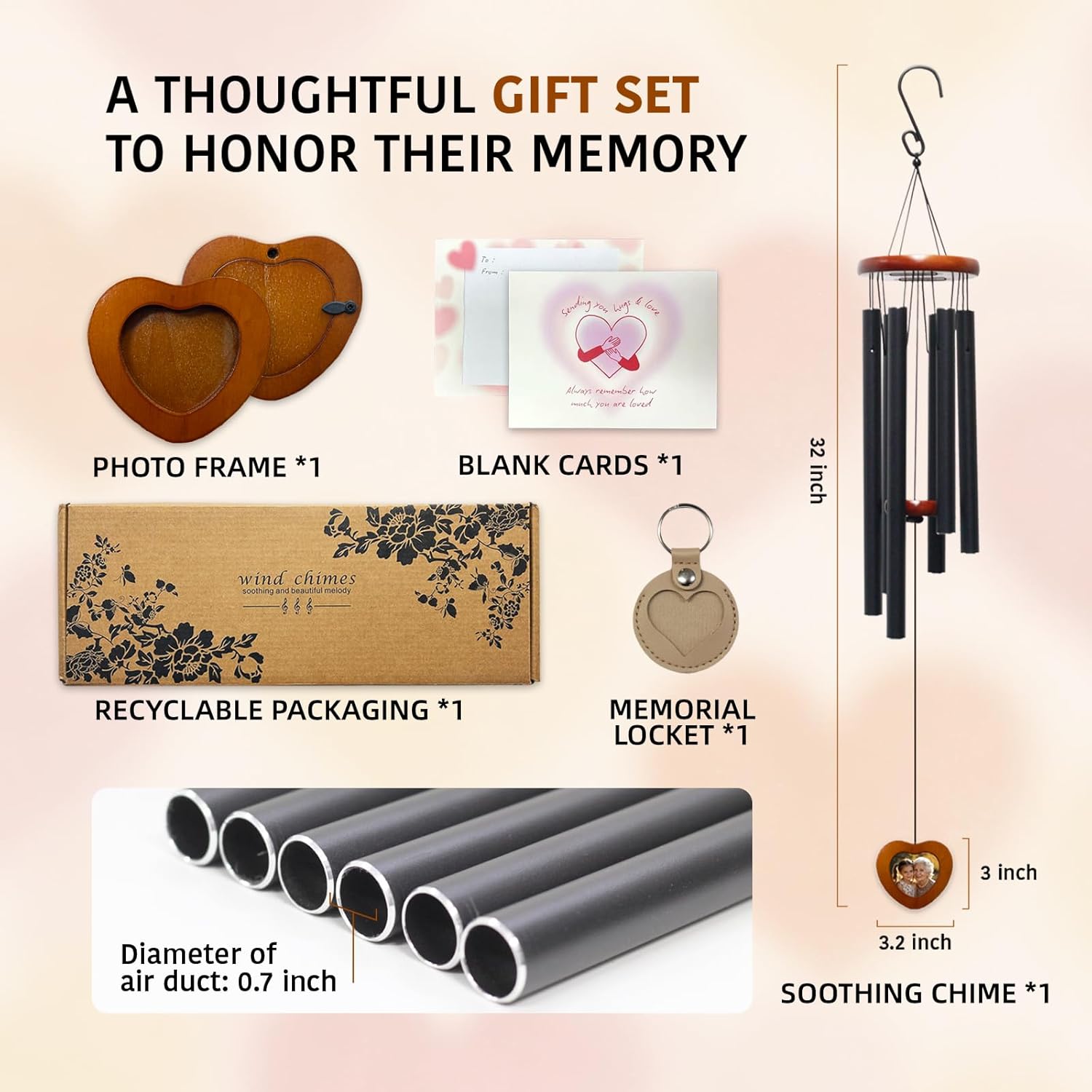 Memorial Wind Chimes with Wooden Photo Frame, 32 Inch Sympathy Windchime Outdoors for Loss of Loved One, Personalized Berevement/Memorial Gifts for Loss of Mother, Father, Husband, Friend, Pet