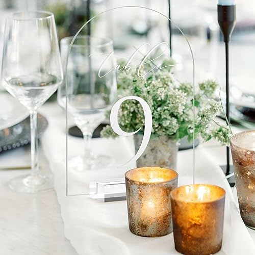 Miniatura 7 de JINMURY Números de mesa de arco transparente para boda, mesa de acrílico arqueada de 5 x 7 pulgadas, números 1-10 con soportes, letrero de arco de