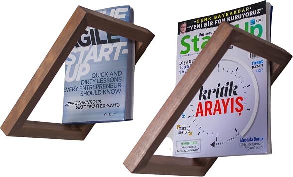 Kirpi Rustic Floating Shelf Set of 2, Magazine Wall Display, Wooden Frame Magazine Holder, Hanging Book Organizer, Brown Wood Wall Mounted Bookshelf, Size 11" x 9"