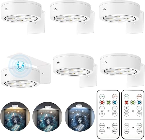 6 luces de imagen que funcionan con pilas, luz LED magnética para pintura con control remoto regulable y temporizador, 3 modos de iluminación, luz