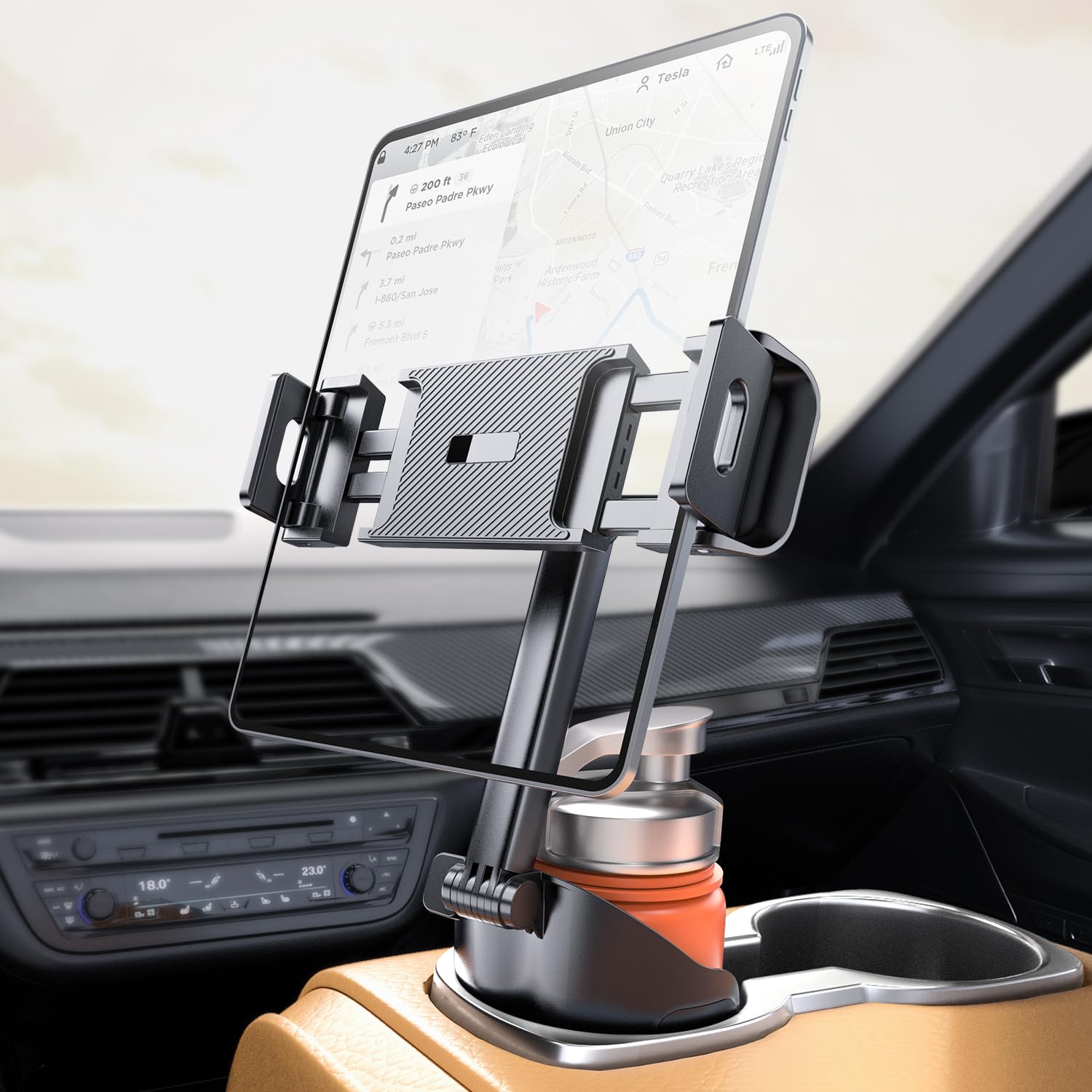 eSamcore Cup Hold Tablet Holder Mount for Car, [Unobstructed Cup Holder] for iPad Holder with Flexible Hollow Mount Base, 360 Rotatable Deep Clamp Compatible with 6”-11” iPad, iPhone, Foldable Phones