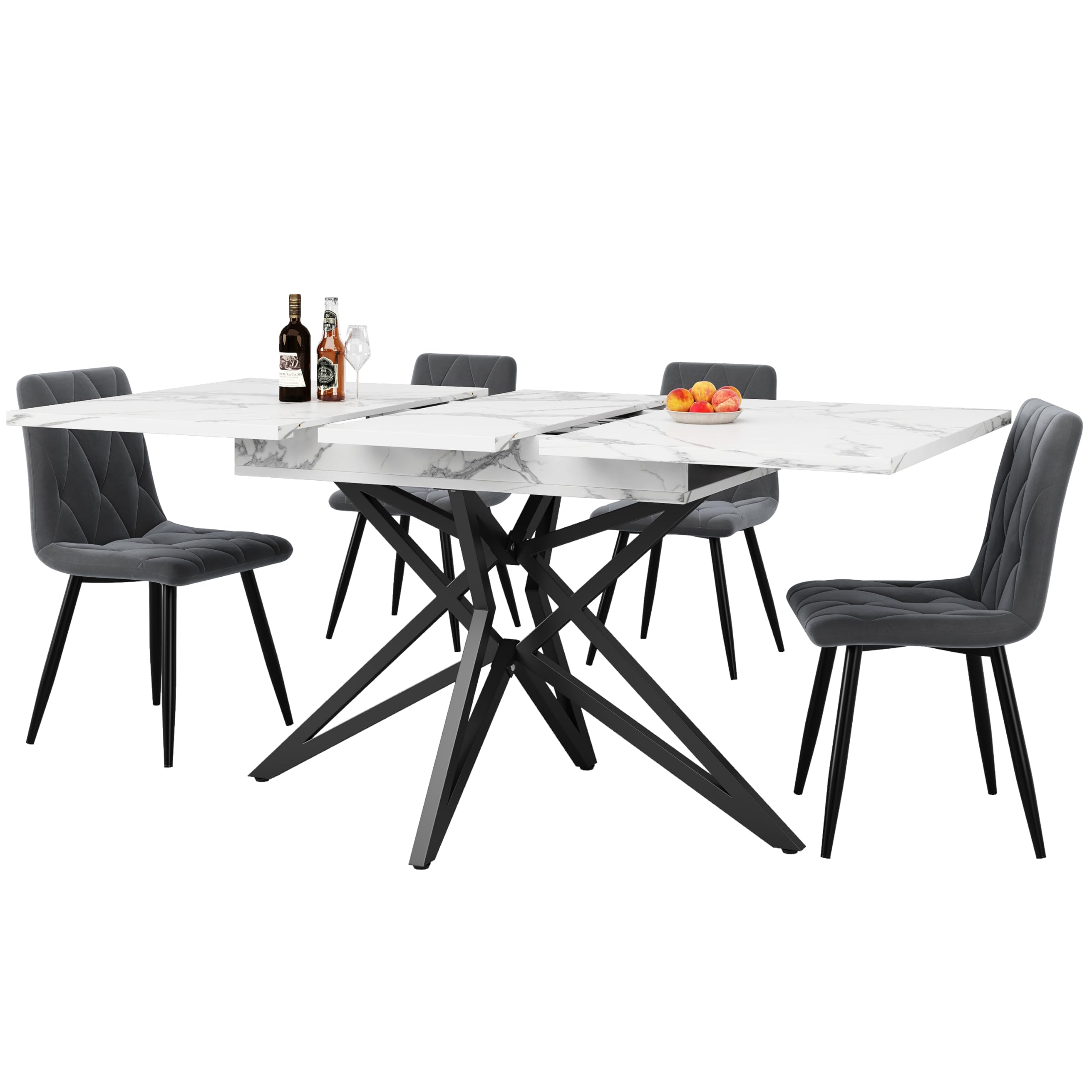 Bladez Set da pranzo allungabile con 4 sedie in velluto, tavolo da pranzo, tavolo rettangolare, 120-160 cm, tavolo in legno, moderno, per 4-6 persone, per sala da pranzo (marmo bianco)