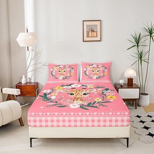 Miniatura 3 de Erosebridal Kawaii - Sábanas bajeras de jirafa de dibujos animados, tamaño individual, sábanas de vida silvestre del bosque, ropa de cama rosa,