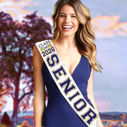 Miniatura 7 de Fajas azul marino para personas mayores, color azul marino brillante con contorno dorado, clase de 2024, banda de satén blanca de alta calidad,