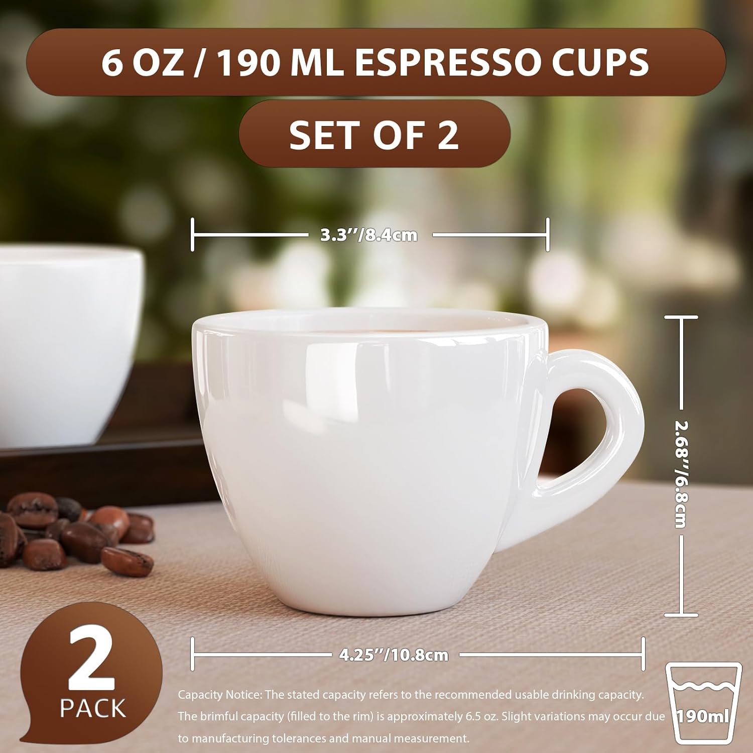 Pilnocok Ceramic Espresso Cups Set of 2, 6 oz White Small Coffee Mugs image 2