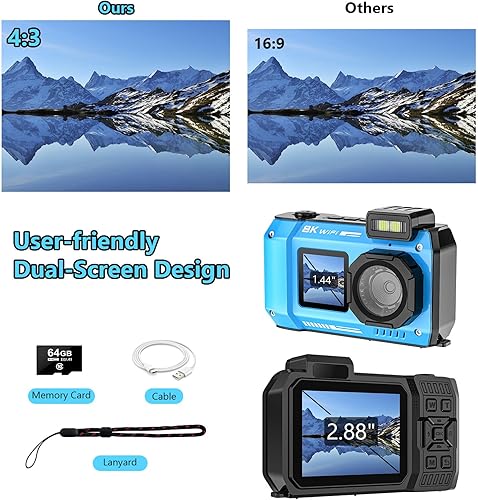 Miniatura 7 de Cámara subacuática UHD 8K, 70MP 33FT WiFi Cámara digital impermeable con tarjeta de 64 GB, enfoque automático, impermeable, doble pantalla, selfie,