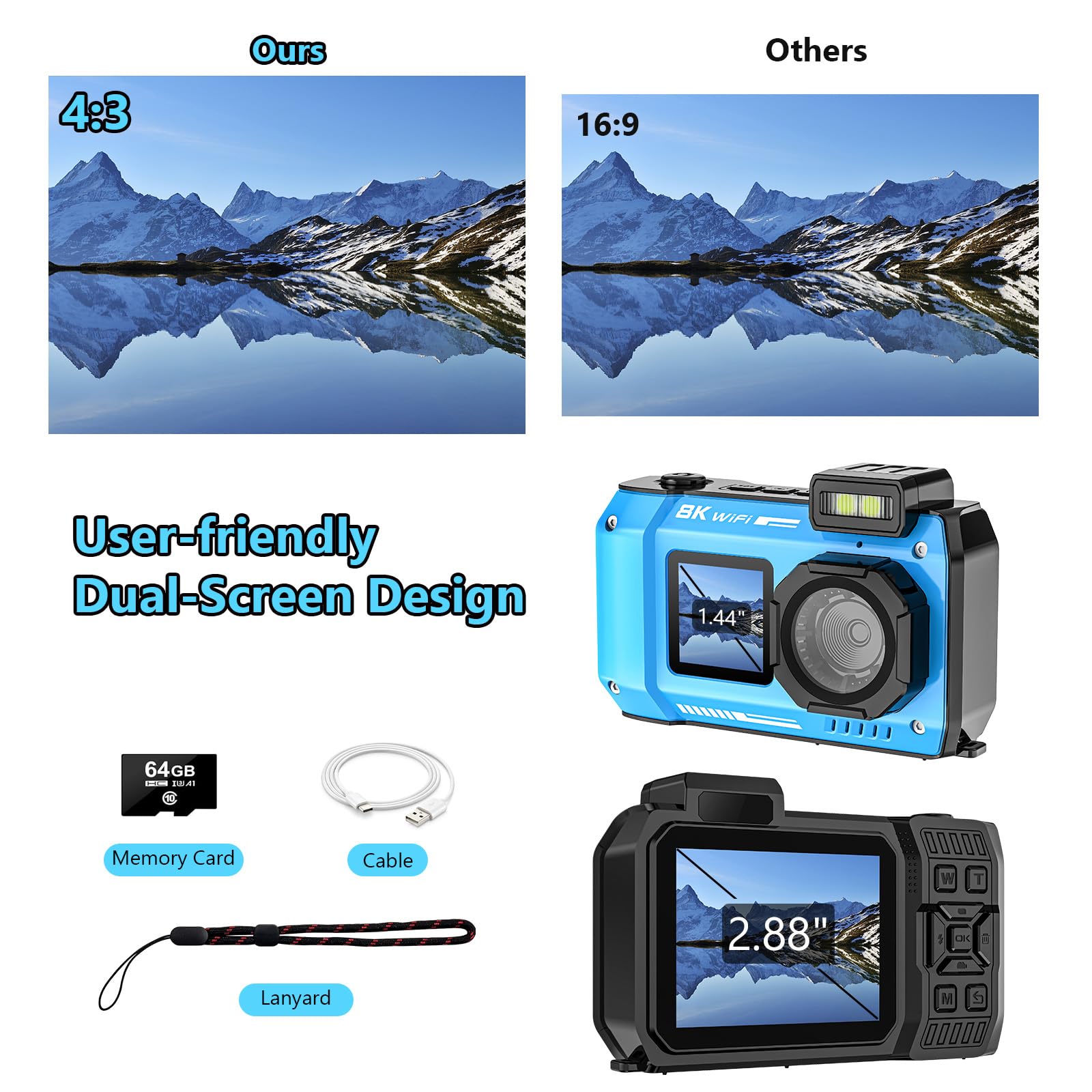 UHD 8K Unterwasserkamera, 70MP 33FT WiFi Wasserdichte Digitalkamera mit 64GB Karte, Autofokus Wasserdicht Dual-Screen Selfie 2500mAh Akku, 18X schwimmfähig Digital zum Schnorcheln, Blau