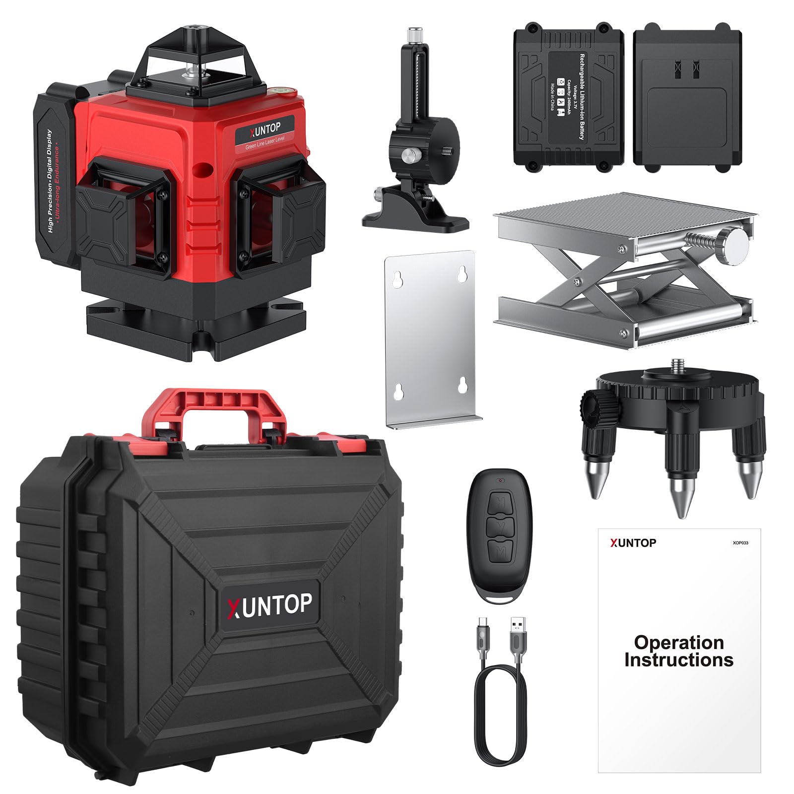 XUNTOP Livello Laser Autolivellante Verde 16 Linee 4x360° con Telecomando, 2×Batterie Ricaricabili 2400mAh (6 Ore), IP54, Base Magnetica Livello Laser 360 gradi per Piastrelle, Soffitti, Mobili