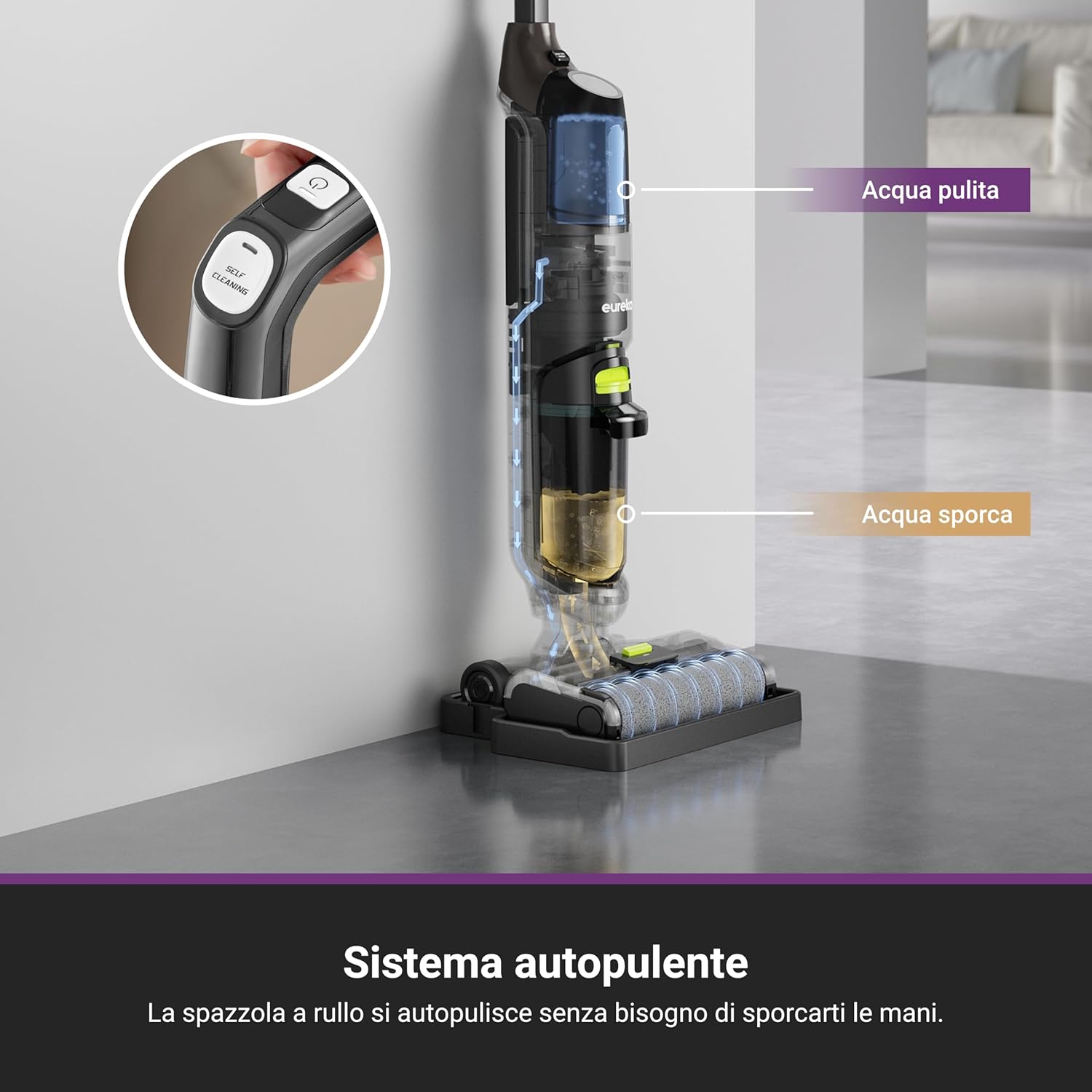 A woman operating the Eureka NEW400 Gen2 cordless vacuum floor washer in a living room.