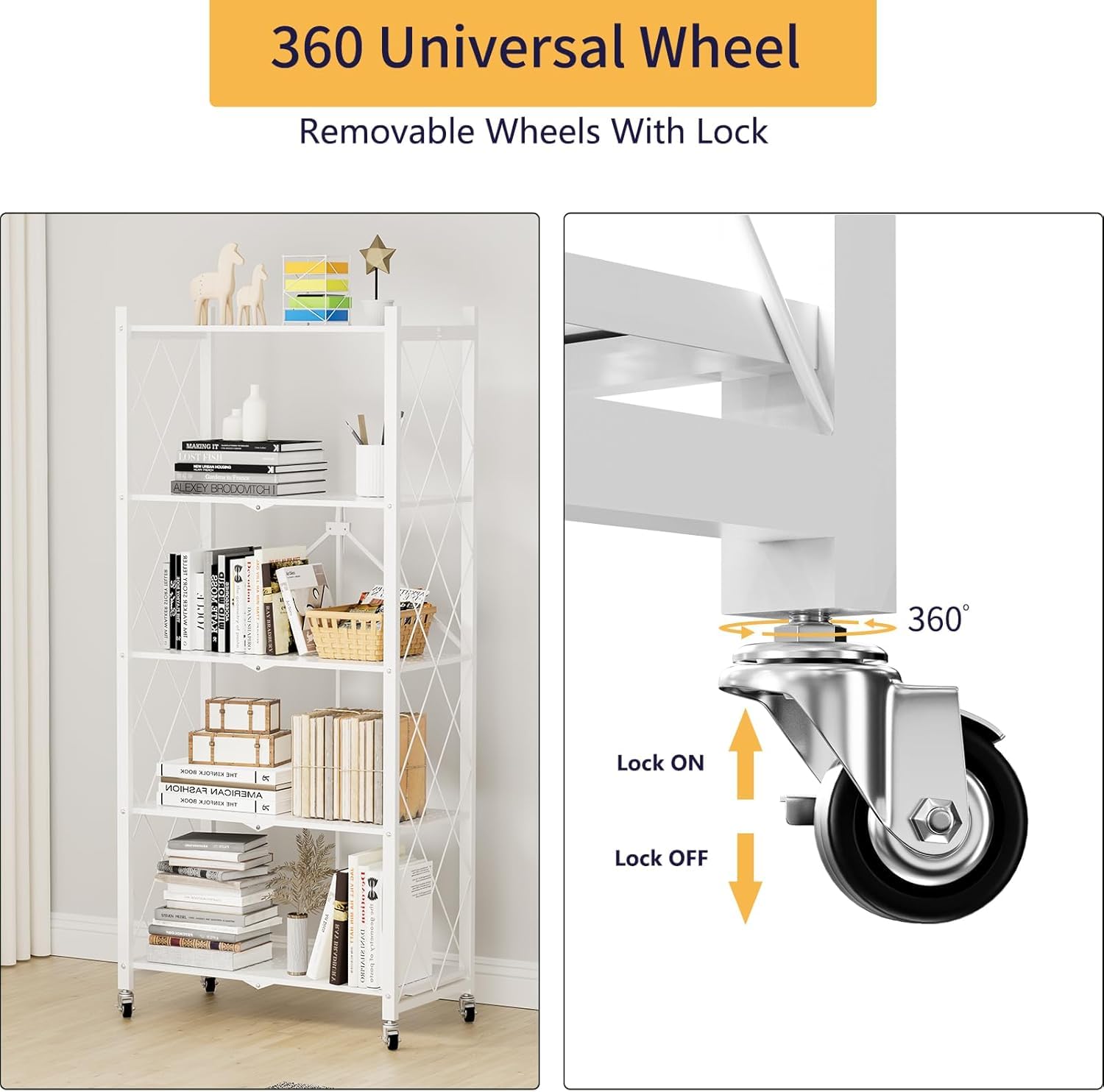 ZENZERO®Scaffale da cucina con rotelle - SCAFFALE PIEGHEVOLE in Metallo con Ruote - Scaffale Cucina Salvaspazio - 158 × 71 × 33 cm- Capacità 240kg(Bianco/Nero, 5 Scaffali)