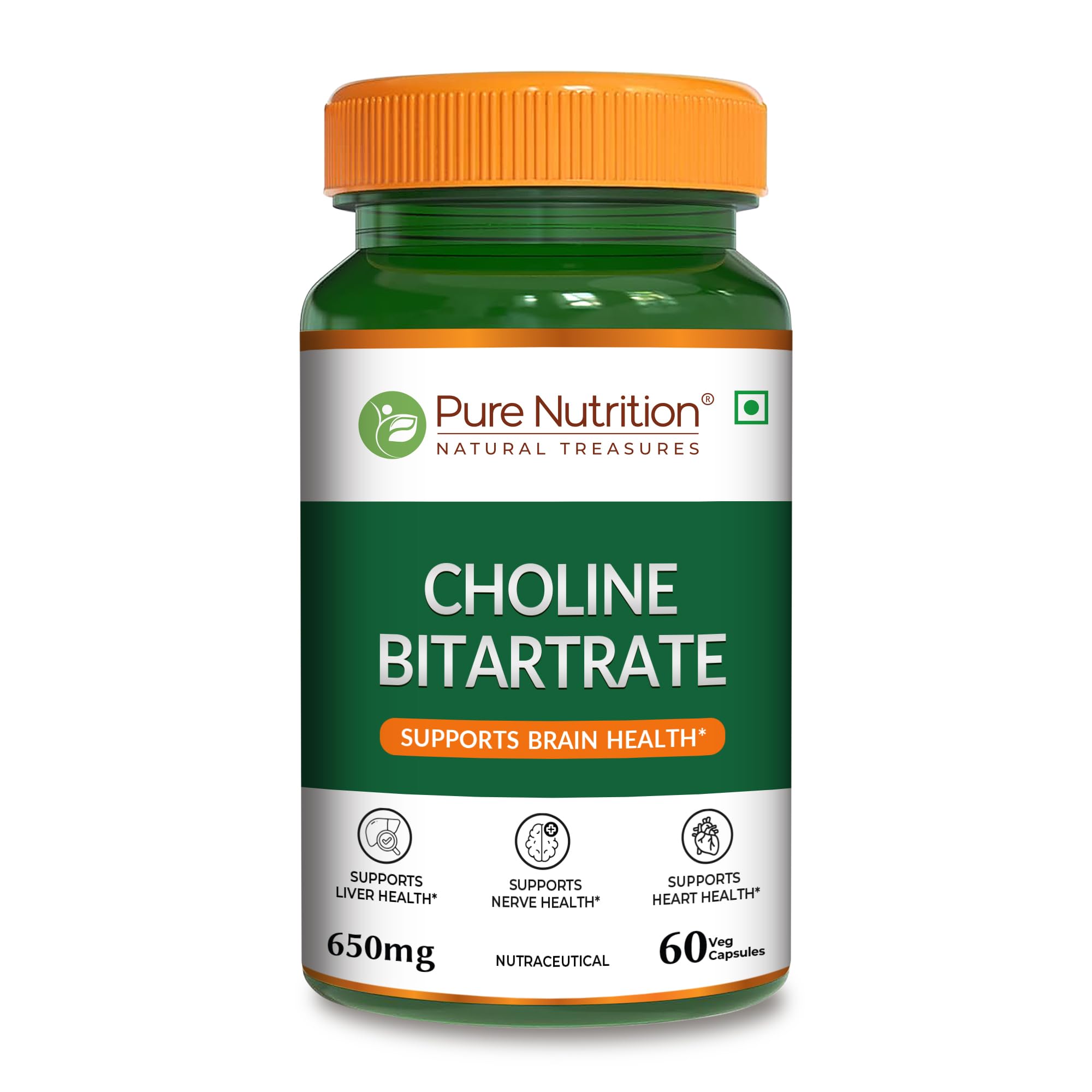 Pure Nutrition Choline Bitartrate (650mg) – 60 Veg Capsules | Supports Brain, Nerve, Liver & Heart Health | Nootropic Supplement for Cognitive Function