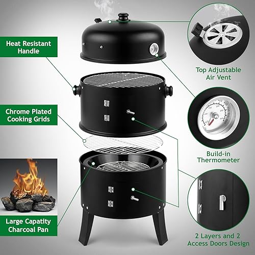 Miniatura 2 de Outvita Ahumador vertical para barbacoa de carbón de 17 pulgadas, 3 en 1, cocina portátil para parrilla al aire libre con termómetro integrado para