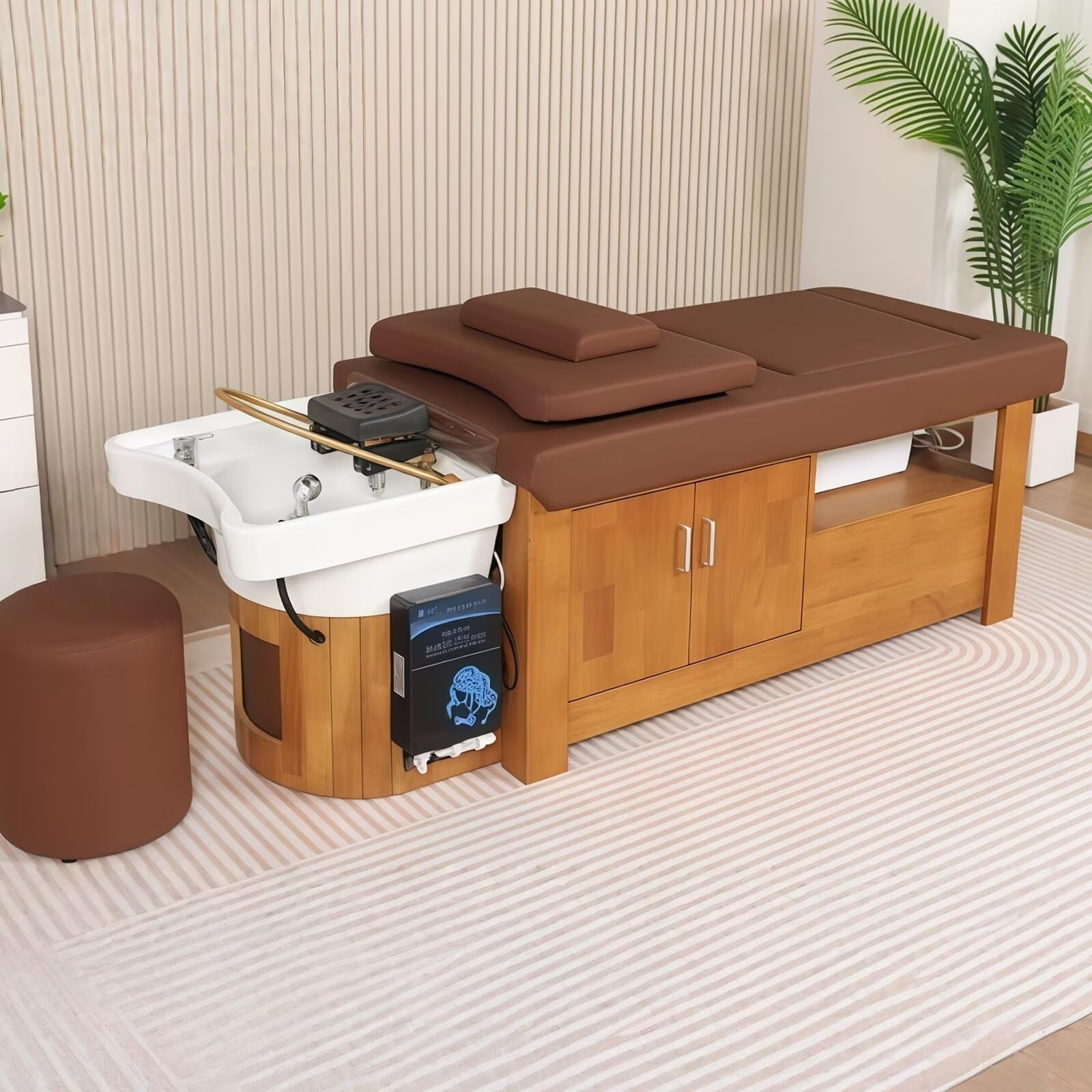 Head SPA Bed - Shampoo Bed with Professional Hair Washing Massage Function Warm Brown Natural Wood Texture Design
