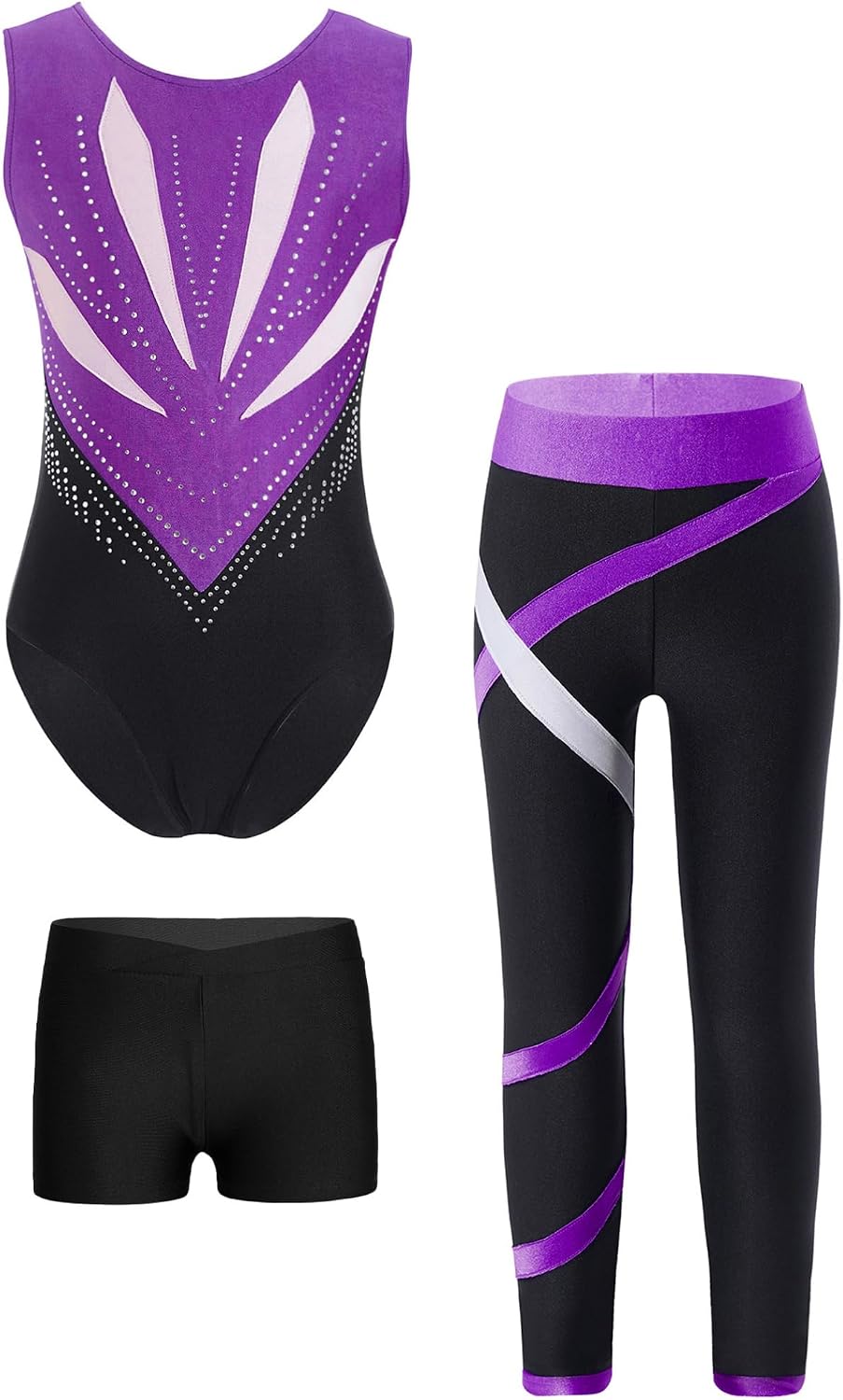 JEYPINMI Girls 4Pcs Gymnastics Leotard Rhinestone Bowknot Cutout Back Shorts Leggings