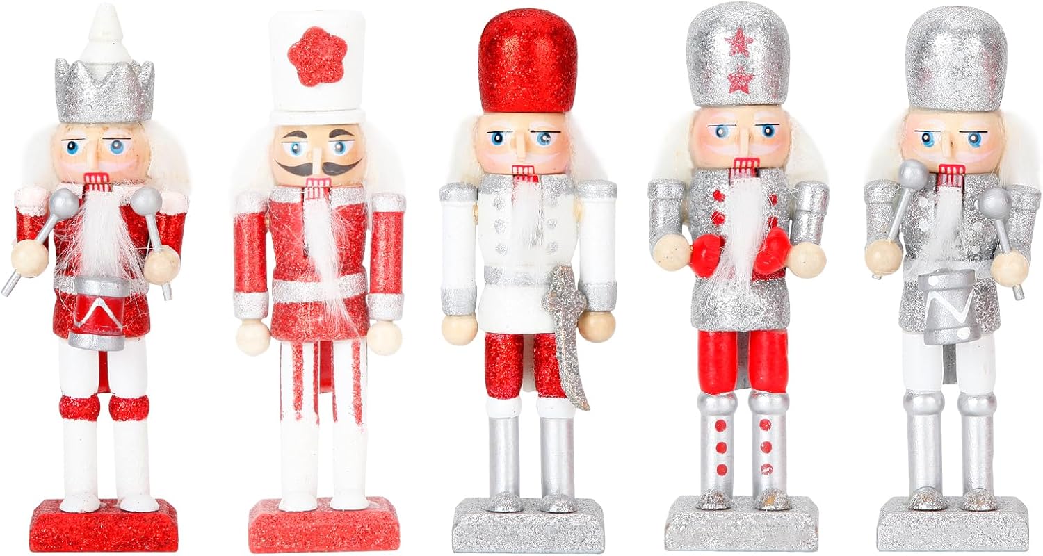 ZJEFUNS 5PCS Christmas Nutcracker Ornament Set - Wooden Nutcracker Figures Soldier Xmas Decorations for Tree Table Decor Gifts