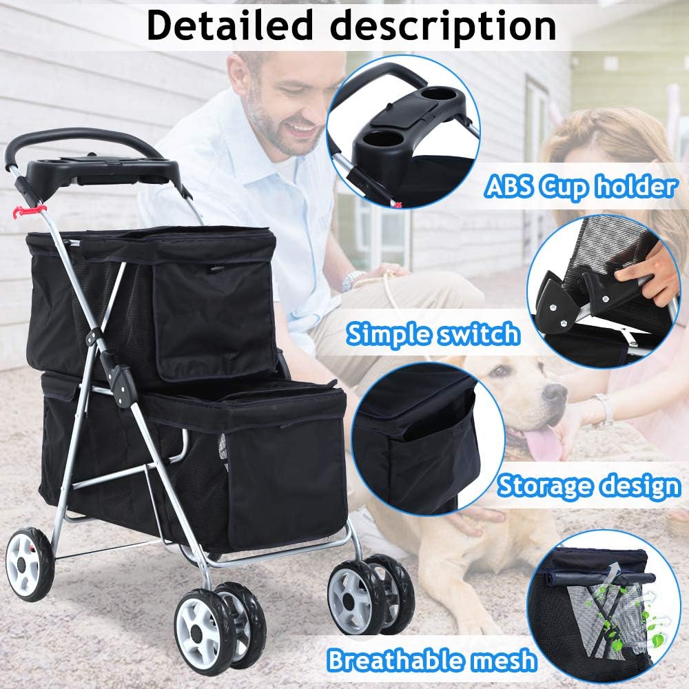 4 Wheel Pet Stroller for Small and Medium Dog Cats, Double Dog Stroller with Cup Holder, Folding Travel Cage for 2 Puppies or Two Kittens, Black