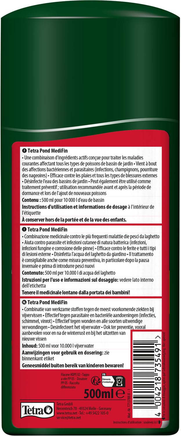 Tetra Pond MediFin – medicinale per Pesci da laghetto, Efficace Contro Le malattie più Comuni, Anche per la prevenzione e la disinfezione, 500 ml