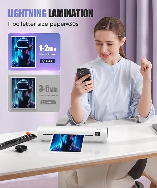 9 Inch Laminator Machine with Never Jam Technology, 40 Laminating Sheets, 4-in-1 A4 Thermal Laminator with Trimmer and Corner Rounder for Office, School, Business and Home Use - White - 5