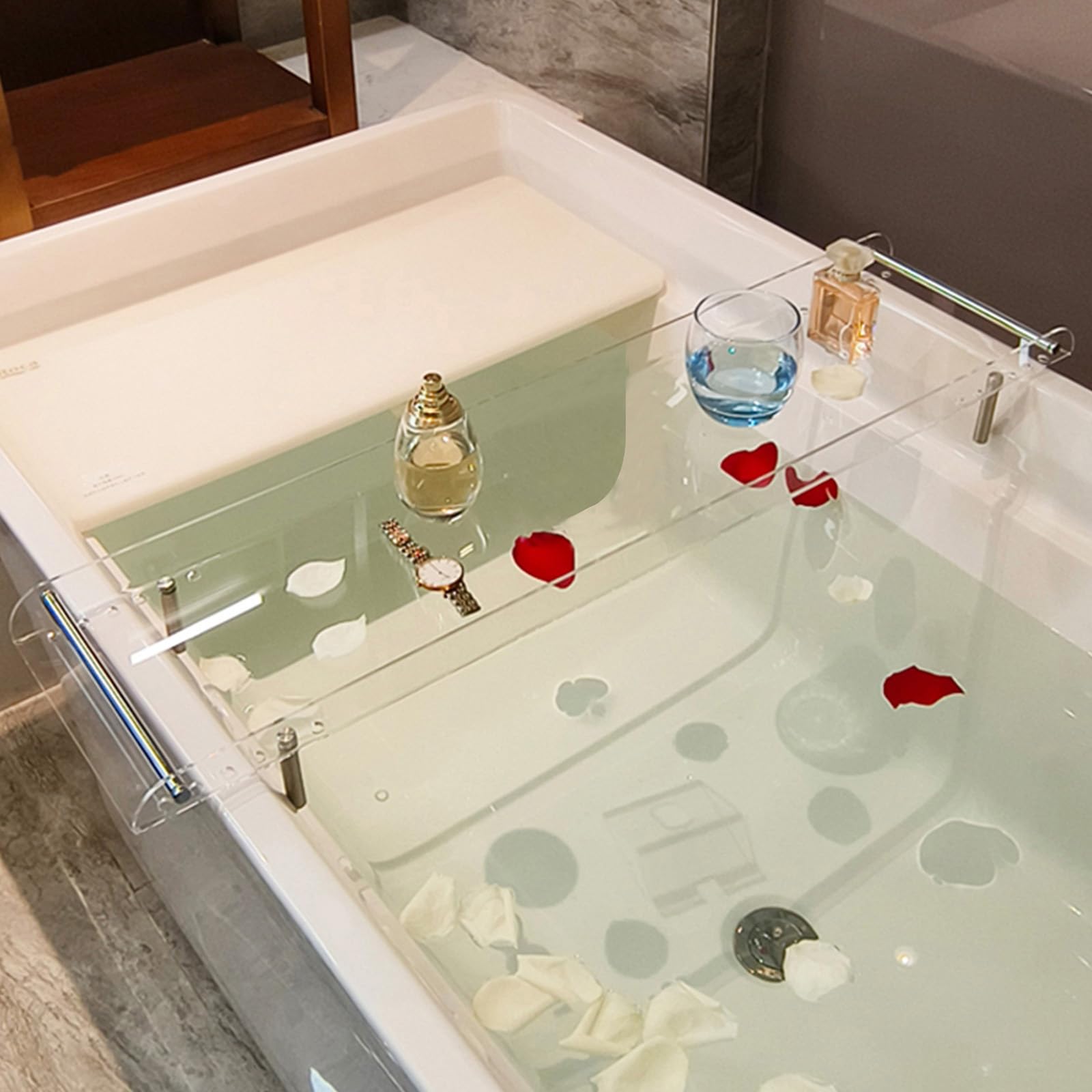 Badewannentabletts, verstellbares Badewannentablett aus Acryl, Badewannenablage, Badewannenablage, Ablage für die Badewanne, Badezimmer-Organizer, transparente Parfümablage, Arbeitsplatte, t