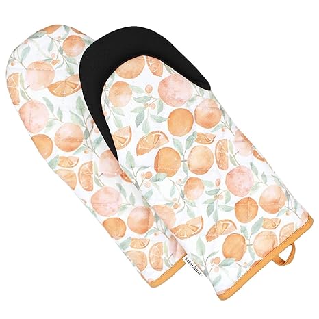 Sage and Stitch Kitchen Oven Mitts for Women 5.5'' x 12'' with Non Slip Heat Resistant Neoprene Grip and Hanging Loop Long Sleeve for Baking, Cooking, BBQ, 100% Cotton, Set of 2 - Oranges