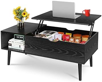 OLIXIS Wood Lift Top Coffee Table with Hidden Compartment and Large Storage Shelf, Lift Tabletop Dining Center Table for Home Living Room Office, Black