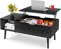 OLIXIS Lift Top Coffee Table with Hidden Storage Compartment & Side Shelves - Wood Grain Black, Living Room Dining Table