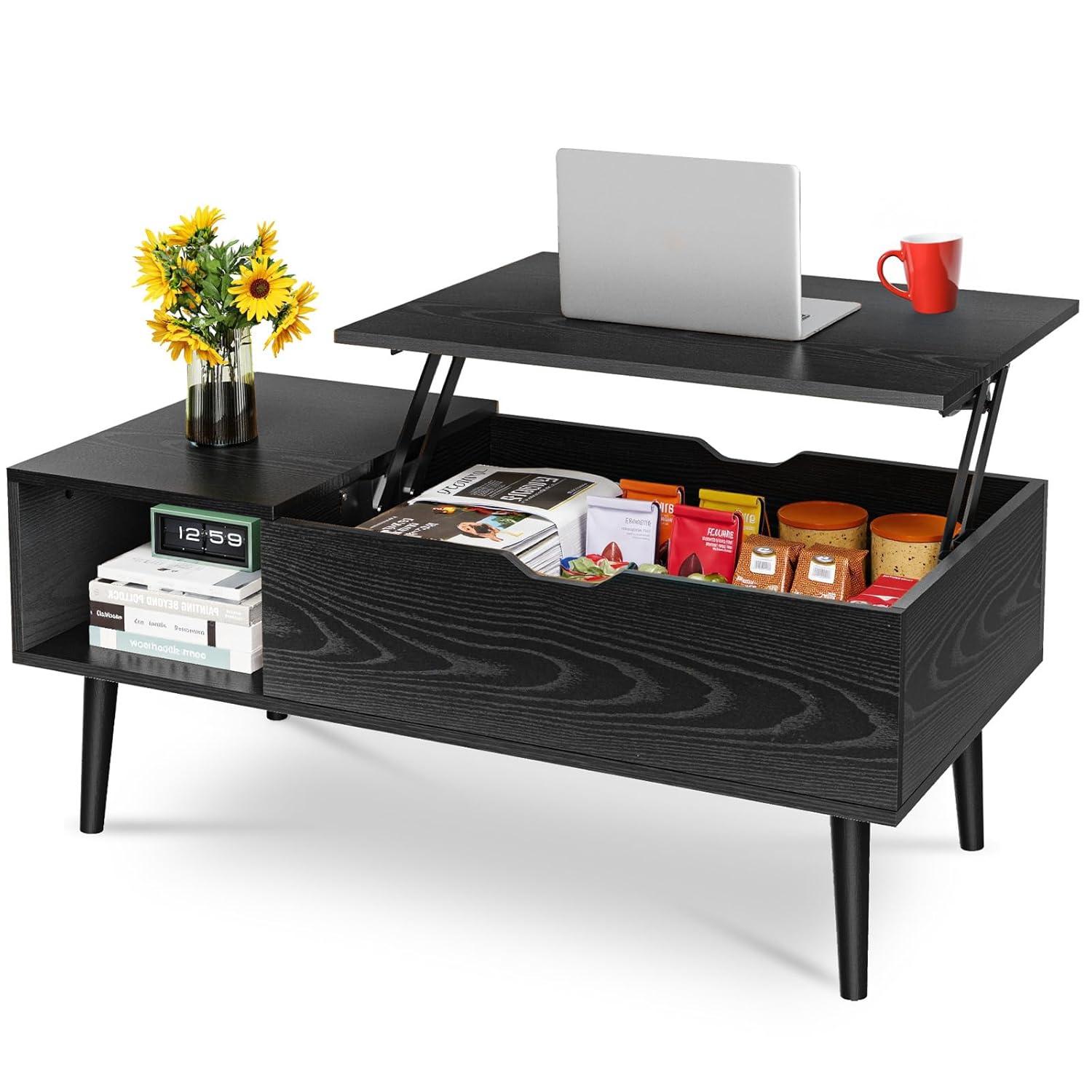 OLIXIS Wood Lift Top Coffee Table with Hidden Compartment and Large Storage Shelf Lift Tabletop Dining Center Table