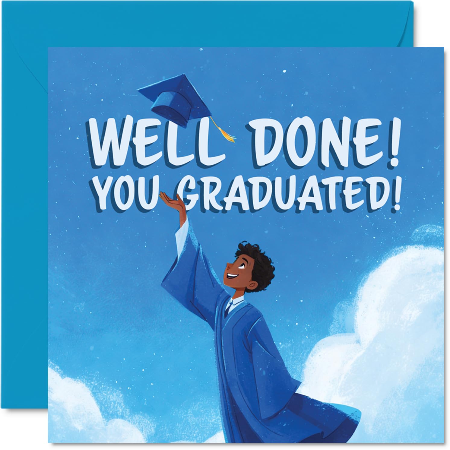 Proud Graduation Card - Hats off to Your Achievement - Joyful Graduate Celebrating under a Bright Blue Sky - 145mm Square, Envelope Included