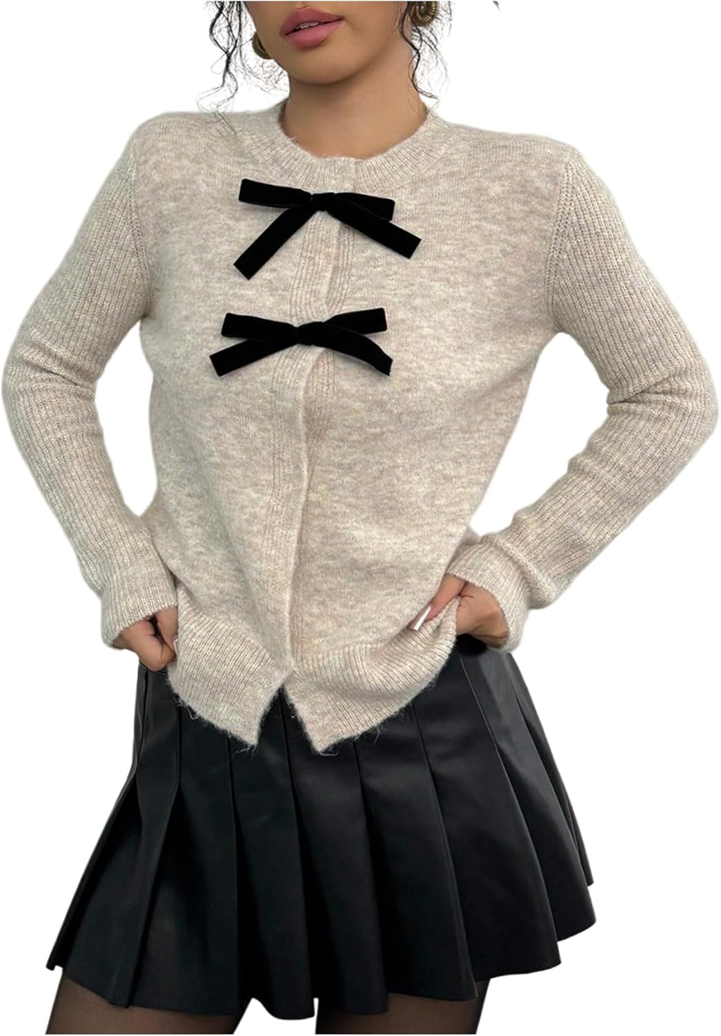 MakeMeChic Women's Bow Cardigan Sweaters Button Down Blouse Long Sleeve Crew Neck Y2k Knitted Sweater