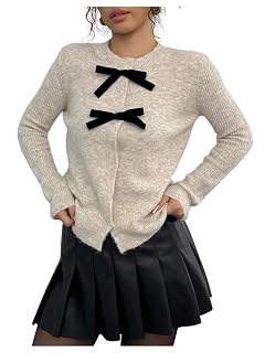 MakeMeChic Womens Bow Cardigan Sweaters Button Down Blouse Long Sleeve Crew Neck Y2k Knitted Sweater
