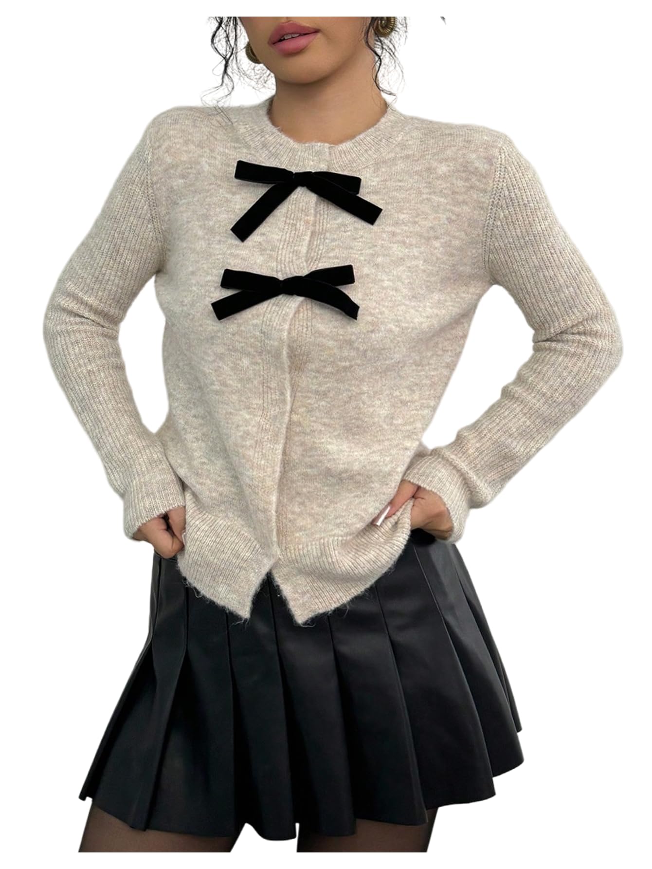MakeMeChic Womens Bow Cardigan Sweaters Button Down Blouse Long Sleeve Crew Neck Y2k Knitted Sweater