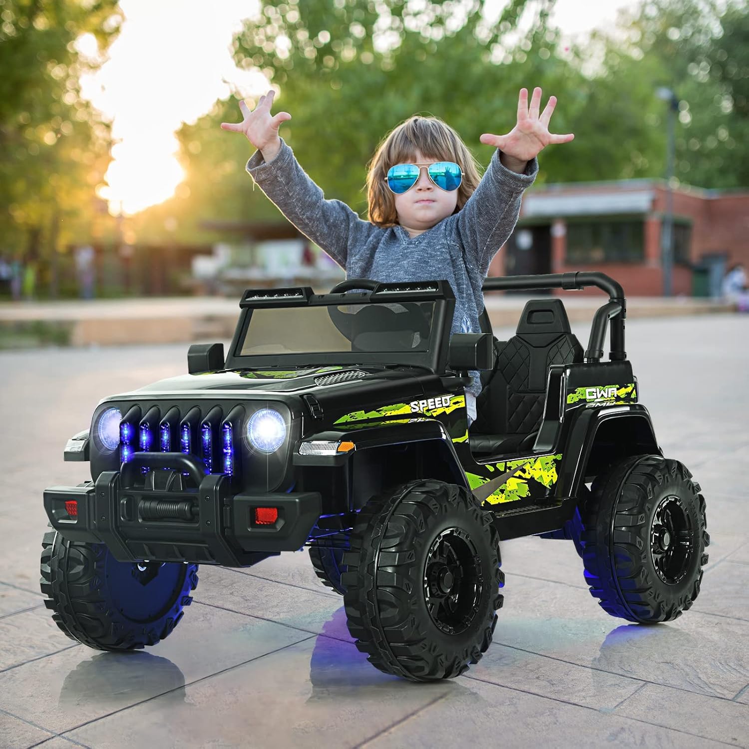 OLAKIDS Kids Ride on Truck, 12V Electric Vehicle with Remote Control, Battery Powered Toddler Car with Music, Horn, 3 Speeds, LED Lights, Bluetooth, USB, Radio (Dark Black)