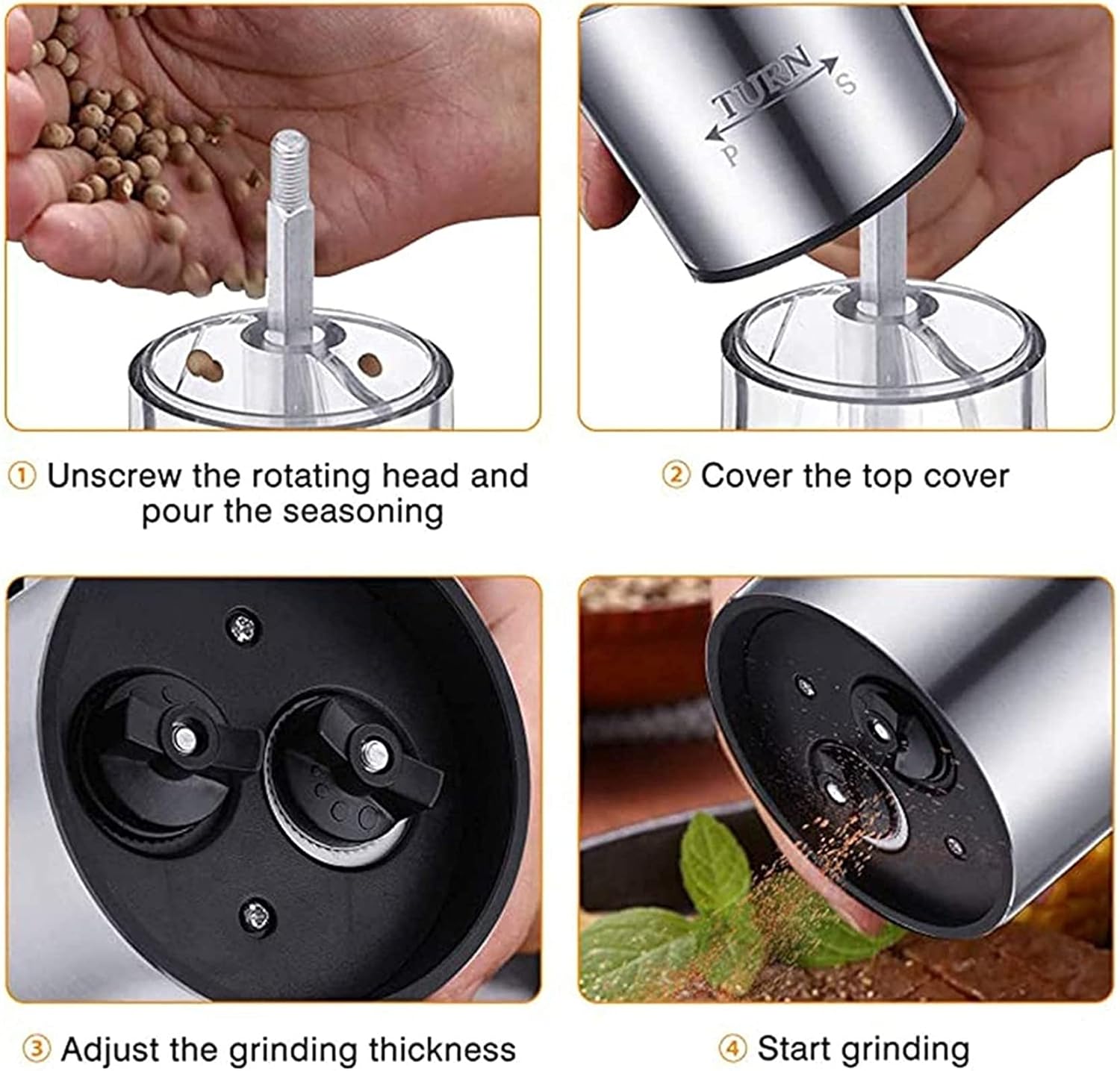 Pepper Grinder Mill,2 in 1 Stainless Steel Manual Salt and Pepper Shakers Spices Mill,Adjustable Coarseness,Ceramic Kitchen Cooking Tools Grinding