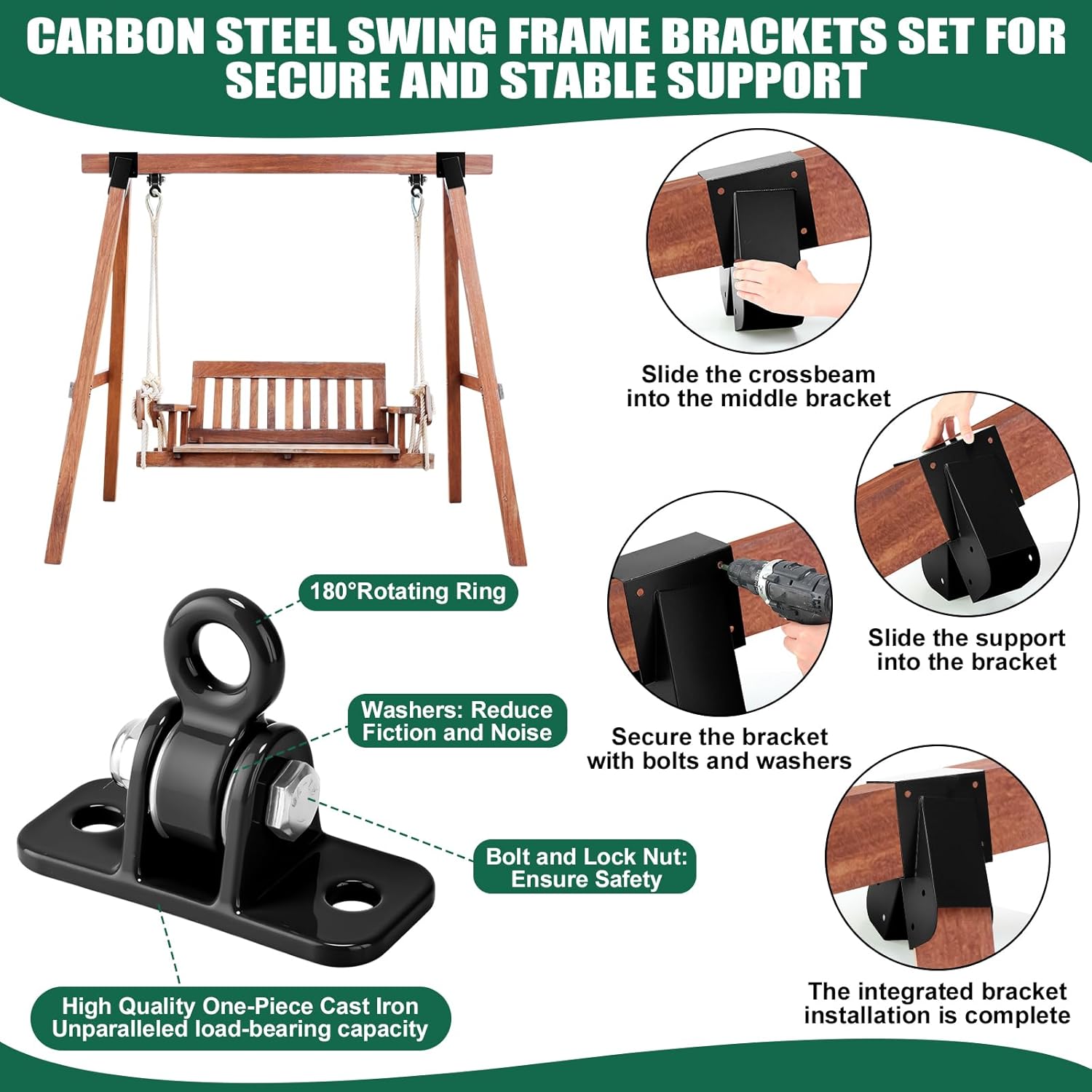 MorningRo 4 Pack Swing Brackets Set Include 2 Brackets & 2 Swing Hangers with Mounting Parts a Frame Swingset Hardware Kit Heavy Duty Swingset Bracket for Outdoor Playground Backyard Equipment (Black)