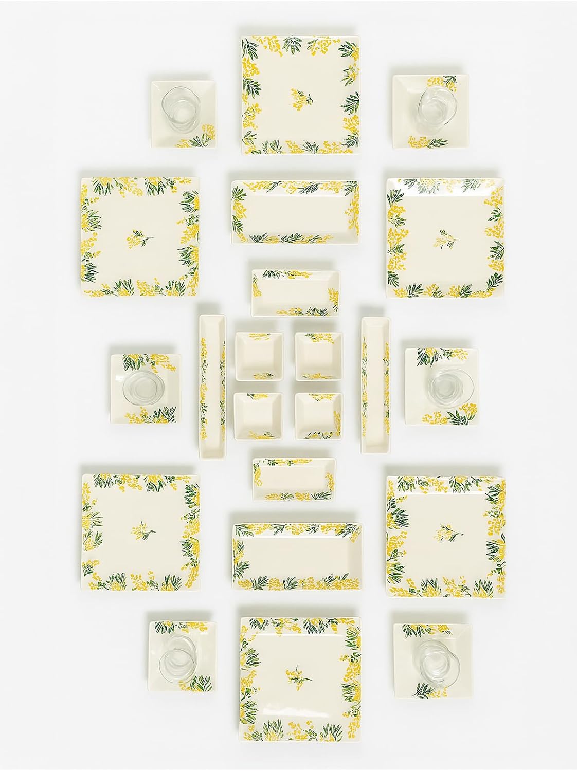 Breakfast Set 22 Piece Service for 6 People Mimosa Design Ceramic Serving Plates Yellow Color - Yellow, One Size