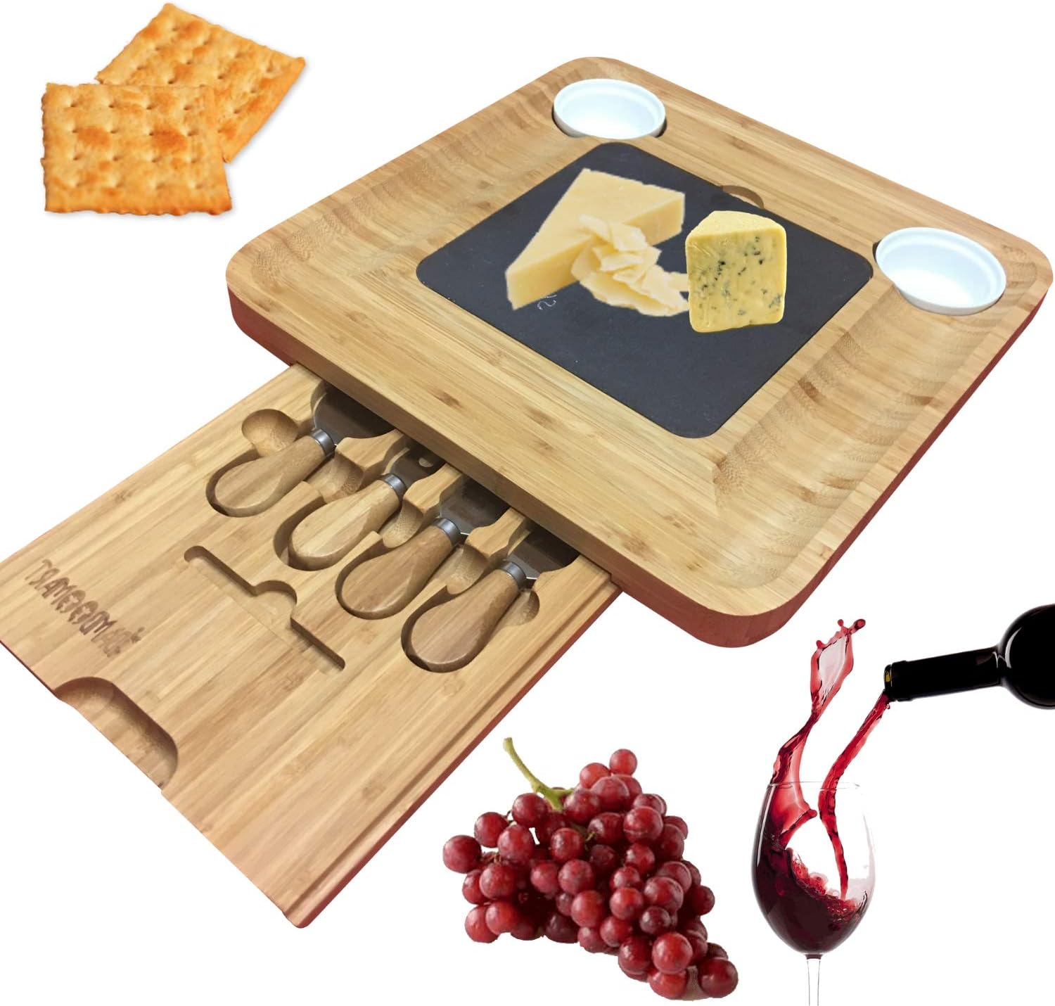 Slate Cheese Board Set w/Cutlery Set, 2 Bowl, Soap Stone Chalk, Charcuterie Platter Slate Board, gift for Mom, Mothers, Women, Men Housewarming, Wedding, Birthday, hostess